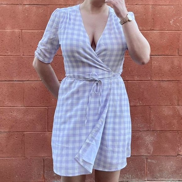 Lavender Purple, White Gingham Low Cut Wrap Mini Dress - Picture 2 of 5